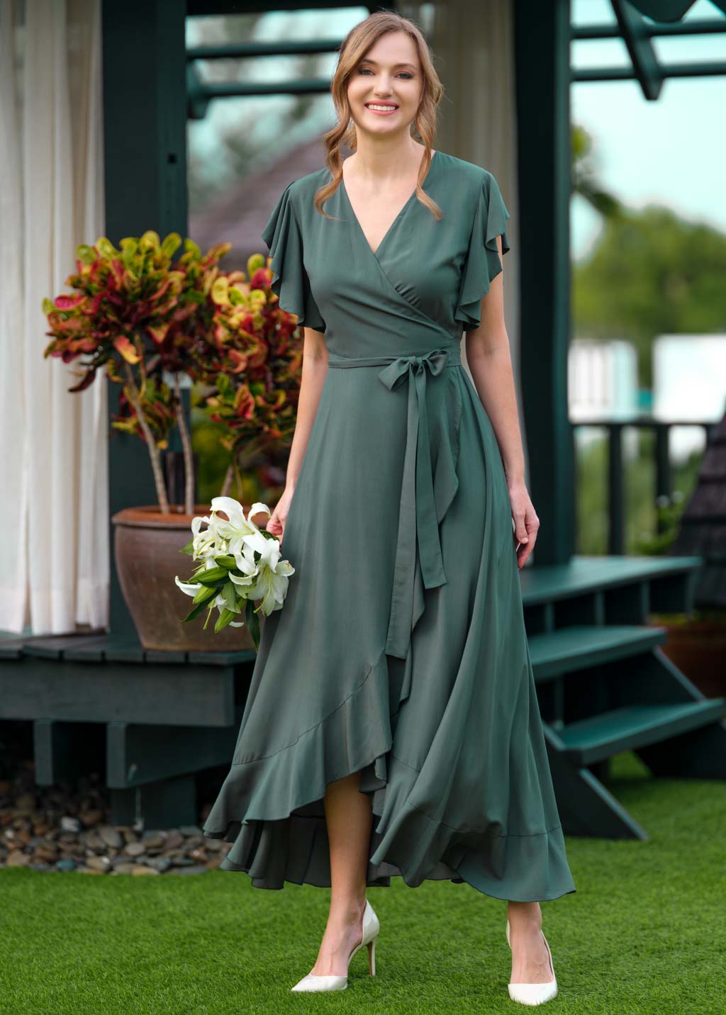 Dark Green romantic wrap dress