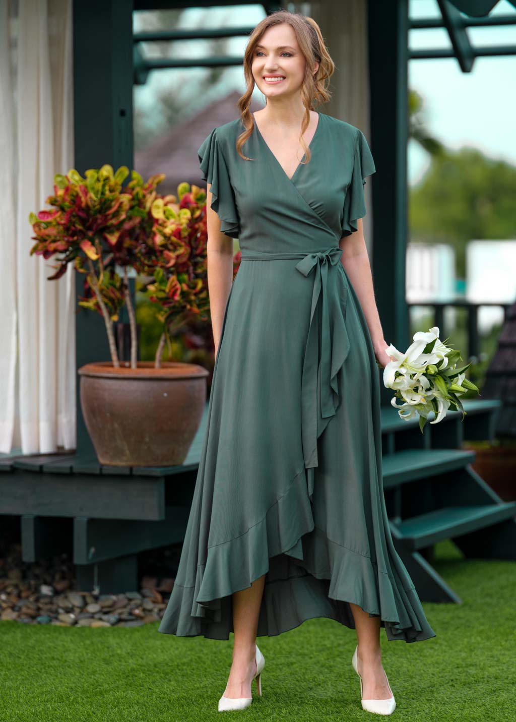 Dark Green romantic wrap dress