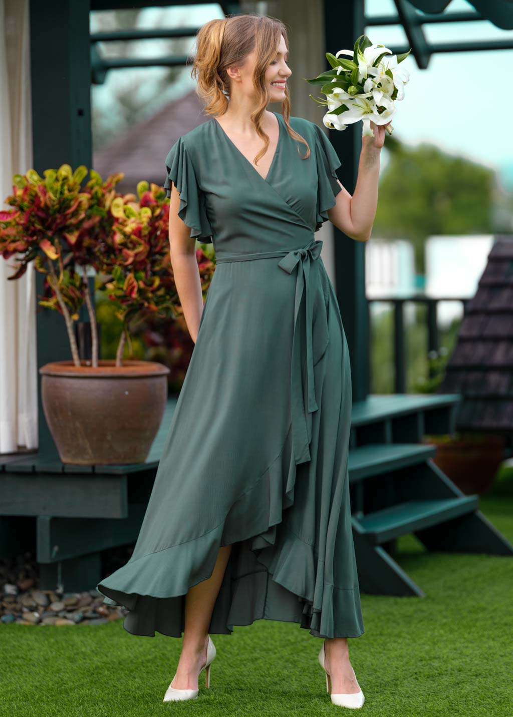 Dark Green romantic wrap dress