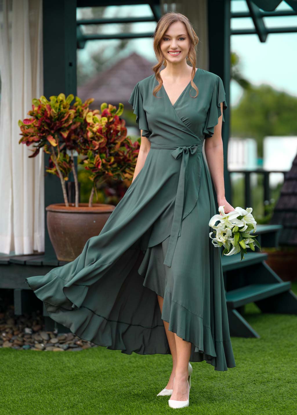 Dark Green romantic wrap dress