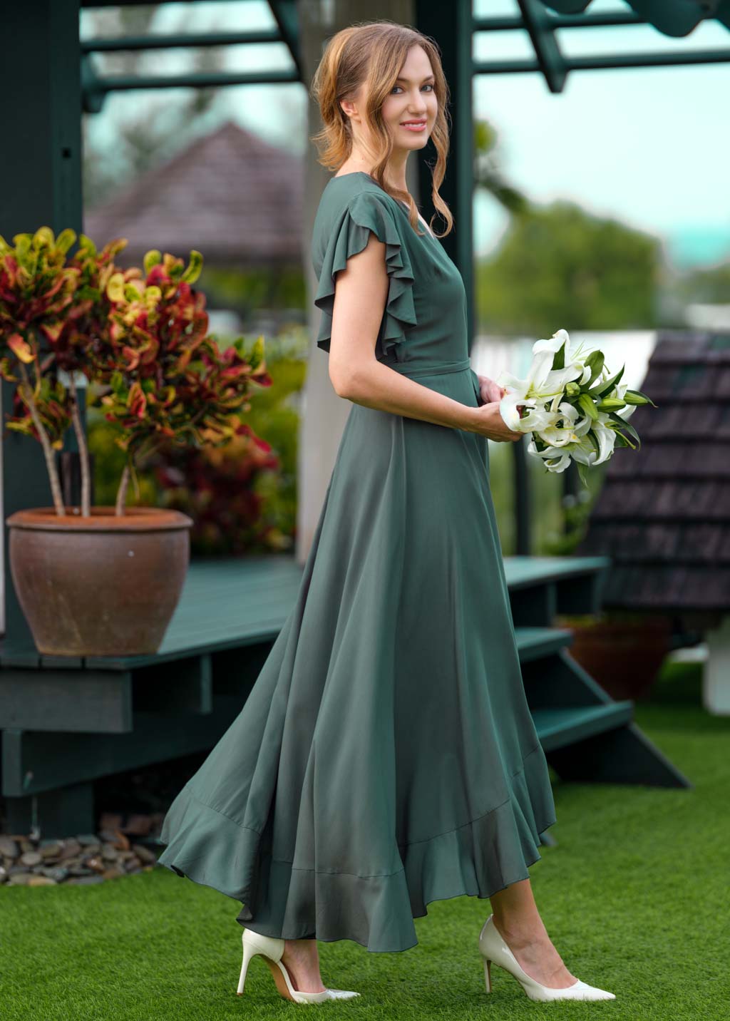 Dark Green romantic wrap dress