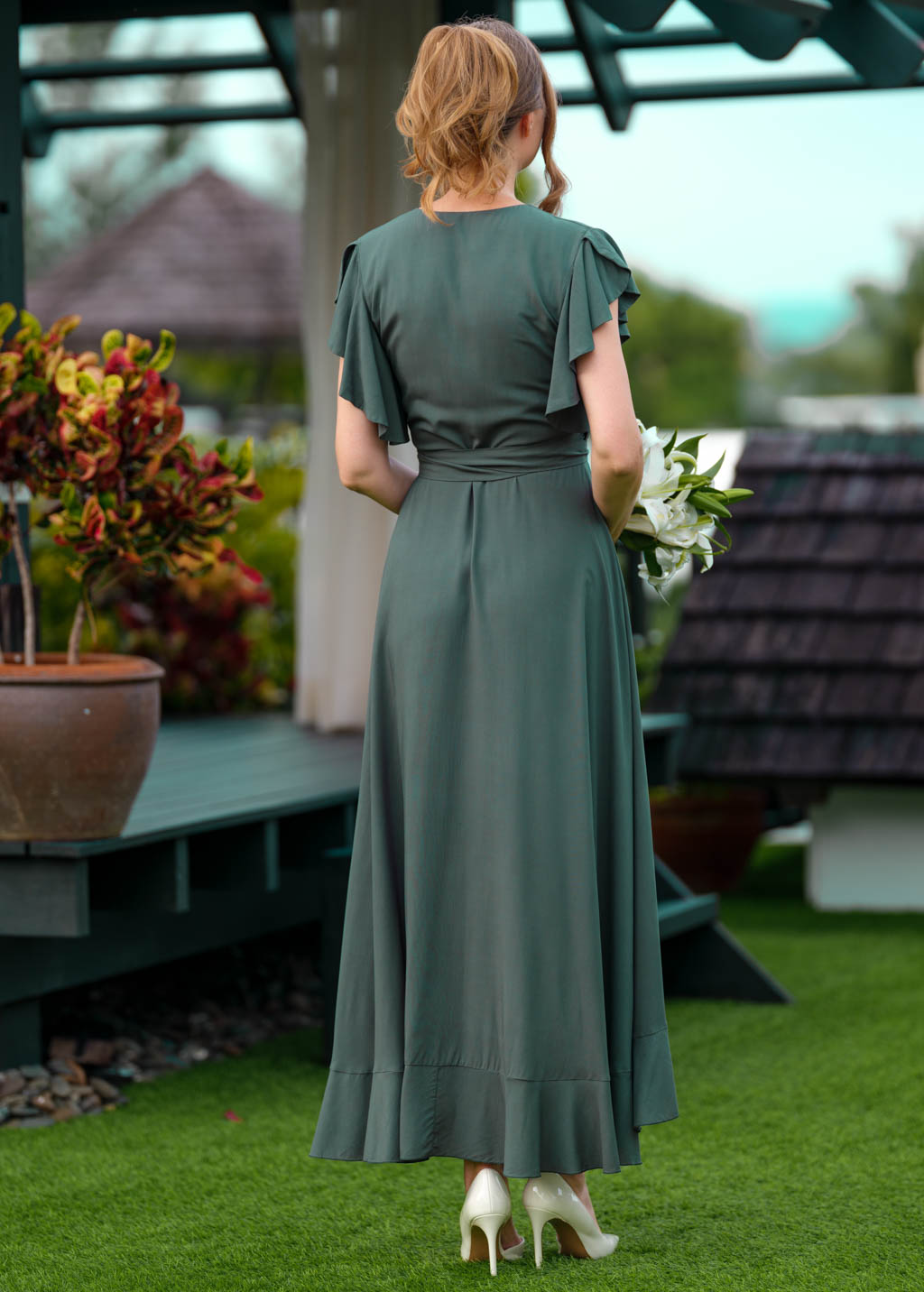 Dark Green romantic wrap dress