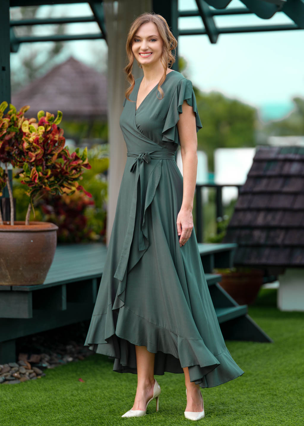 Dark Green romantic wrap dress