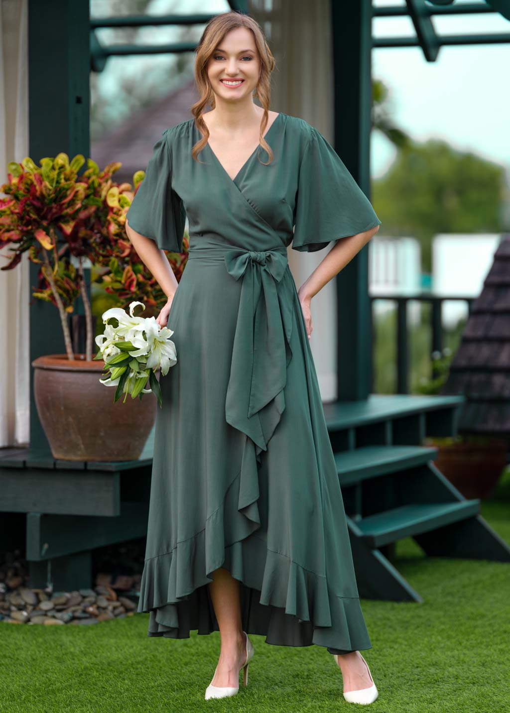 Dark Green romantic wrap dress