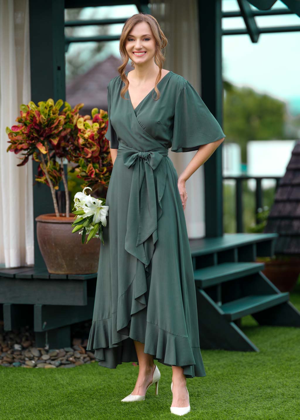 Dark Green romantic wrap dress