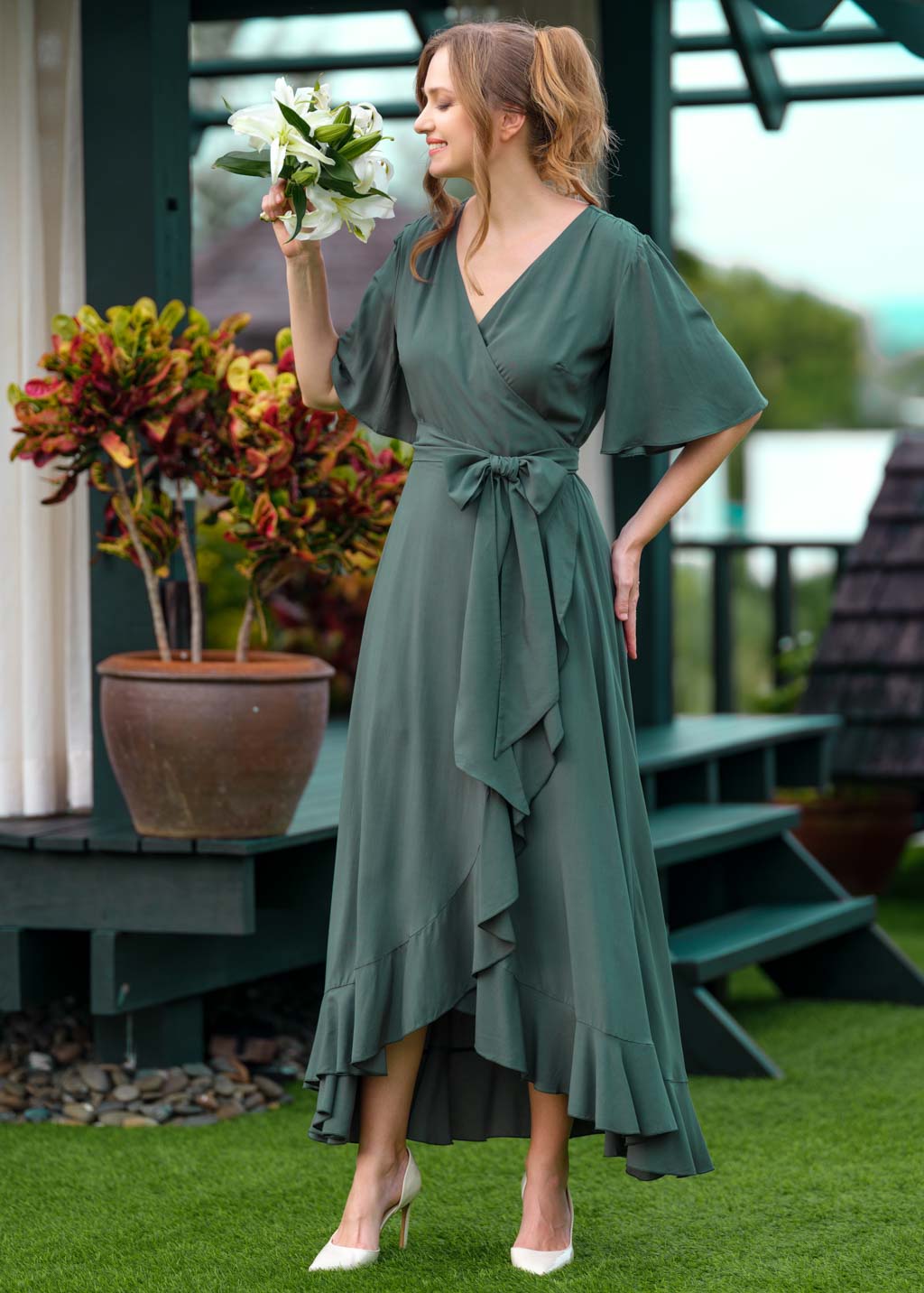 Dark Green romantic wrap dress