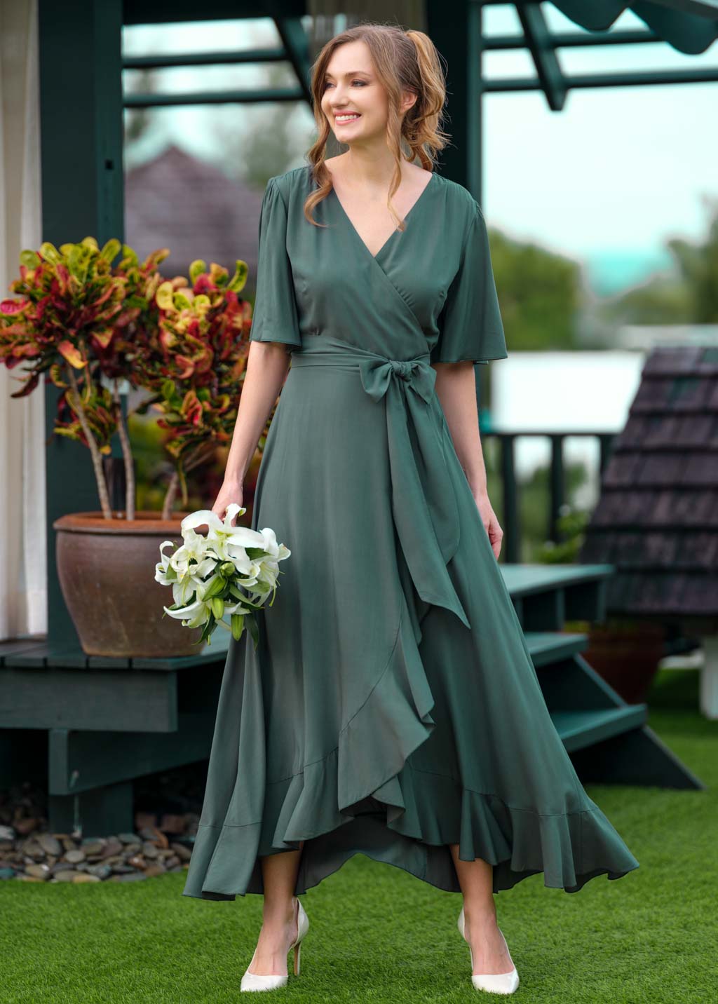 Dark Green romantic wrap dress