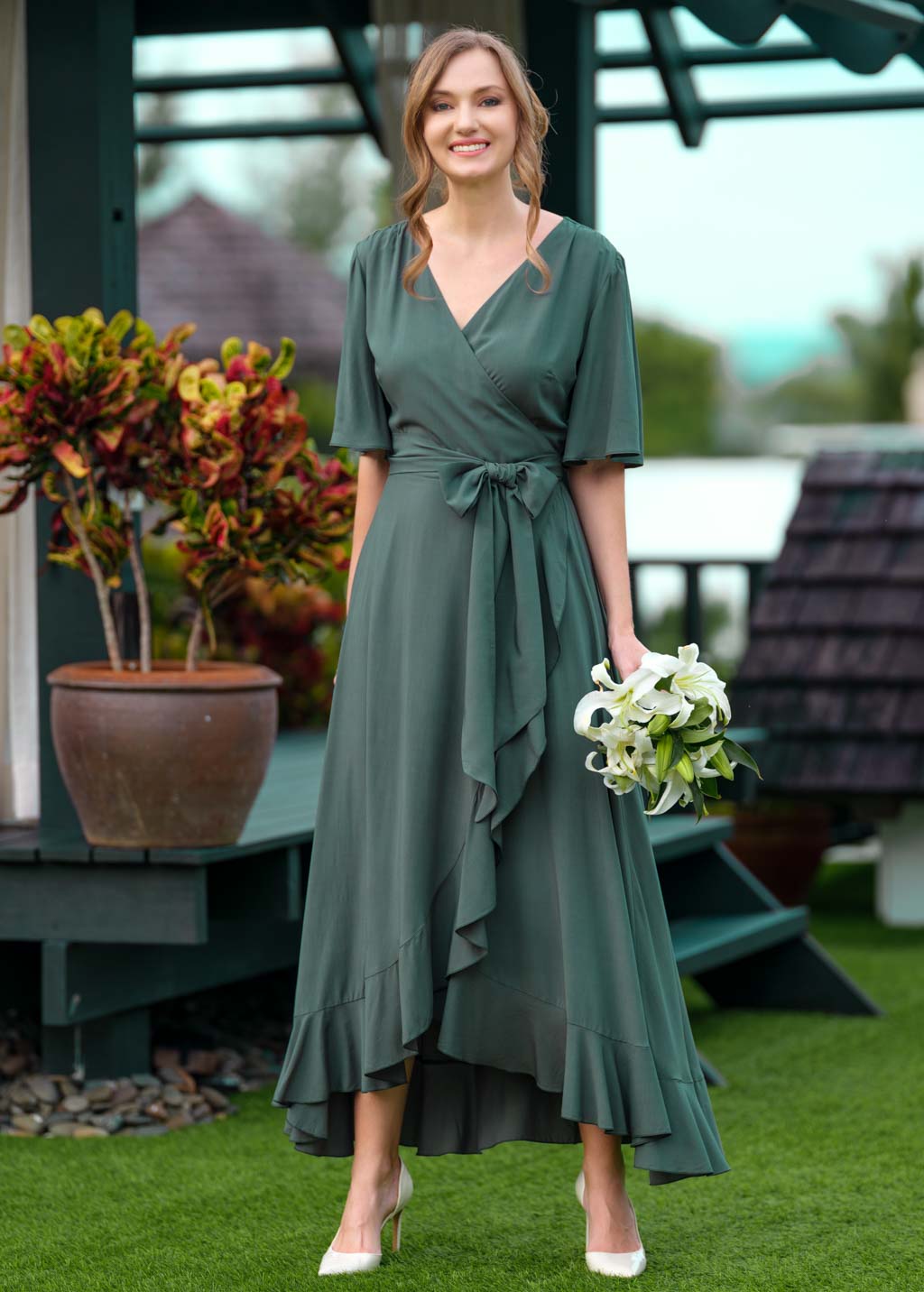 Dark Green romantic wrap dress