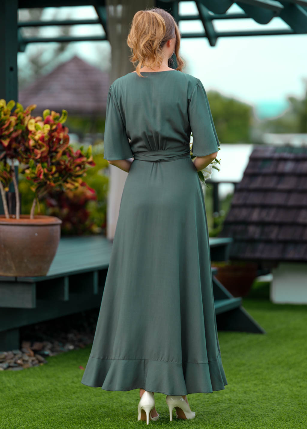 Dark Green romantic wrap dress