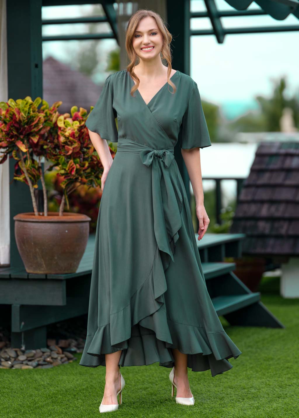 Dark Green romantic wrap dress