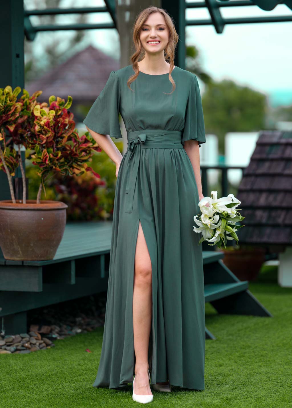 Dark green slit dress with belt