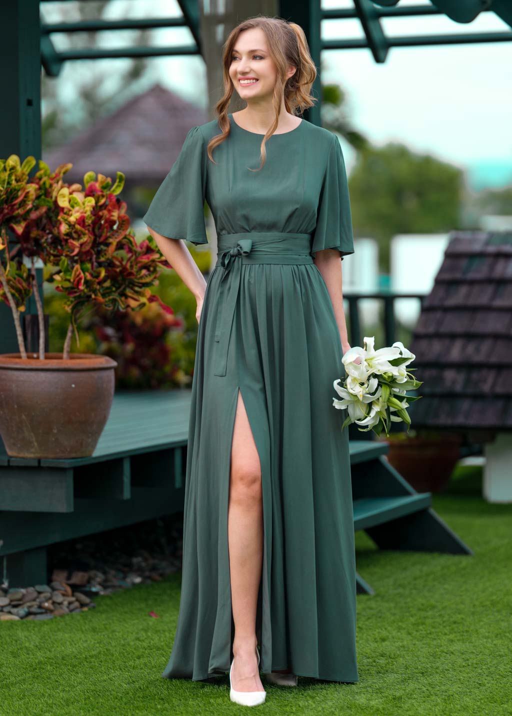 Dark green slit dress with belt