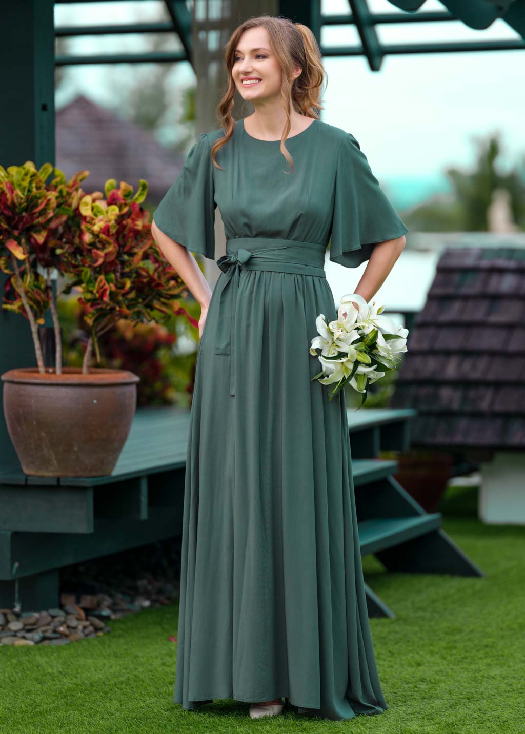 Dark green slit dress with belt