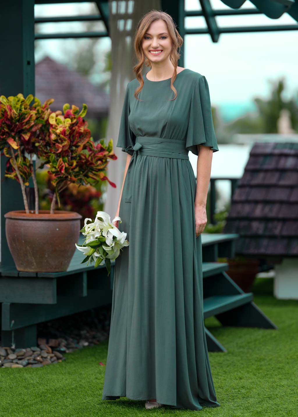 Dark green slit dress with belt