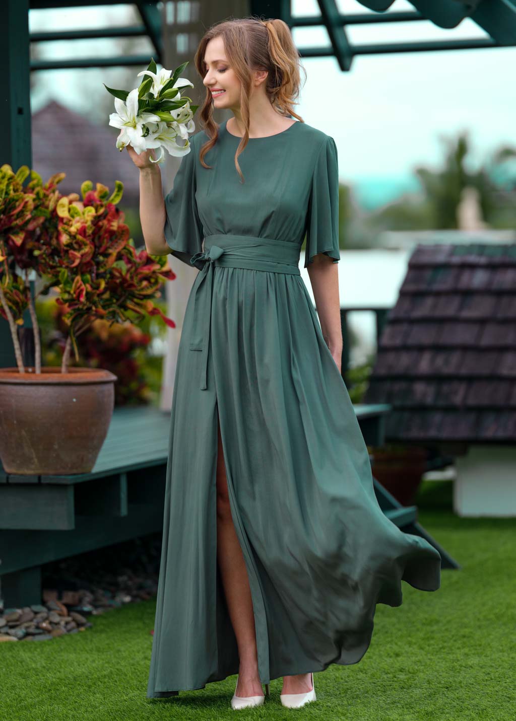 Dark green slit dress with belt