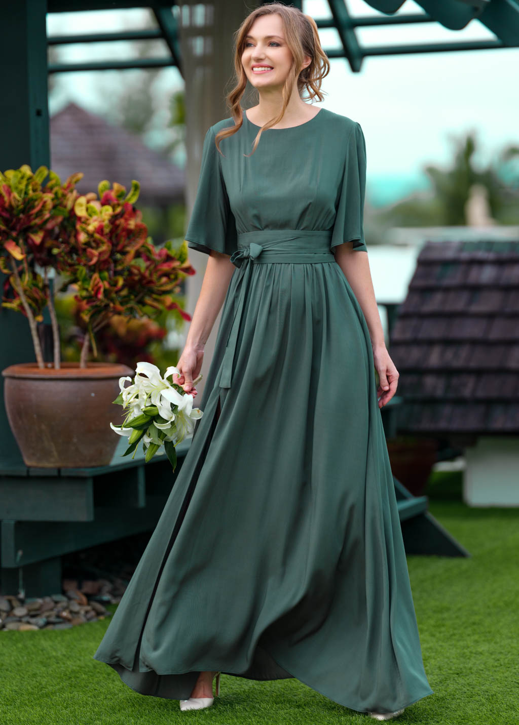 Dark green slit dress with belt