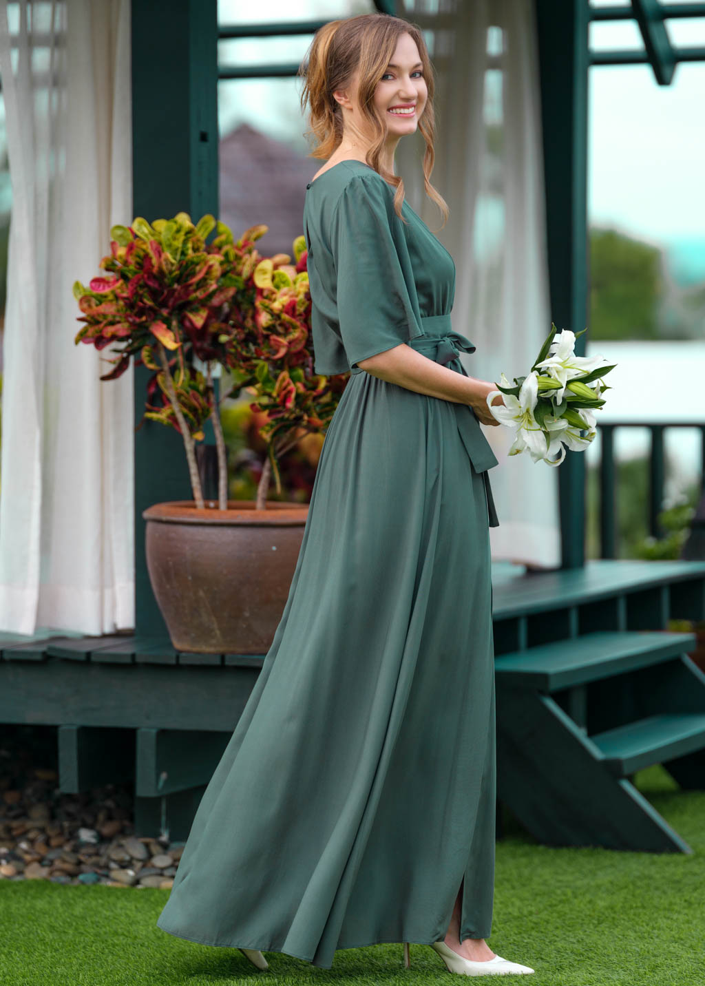 Dark green slit dress with belt