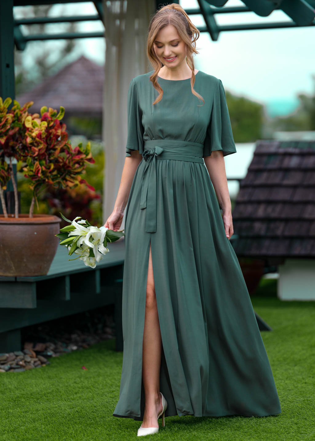 Dark green slit dress with belt