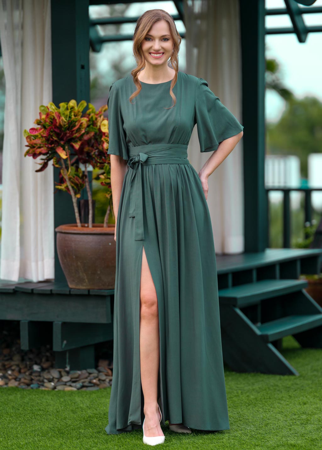 Dark green slit dress with belt