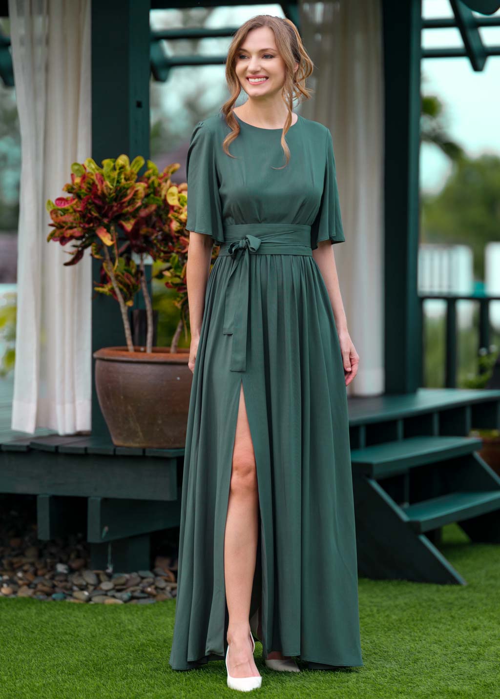 Dark green slit dress with belt