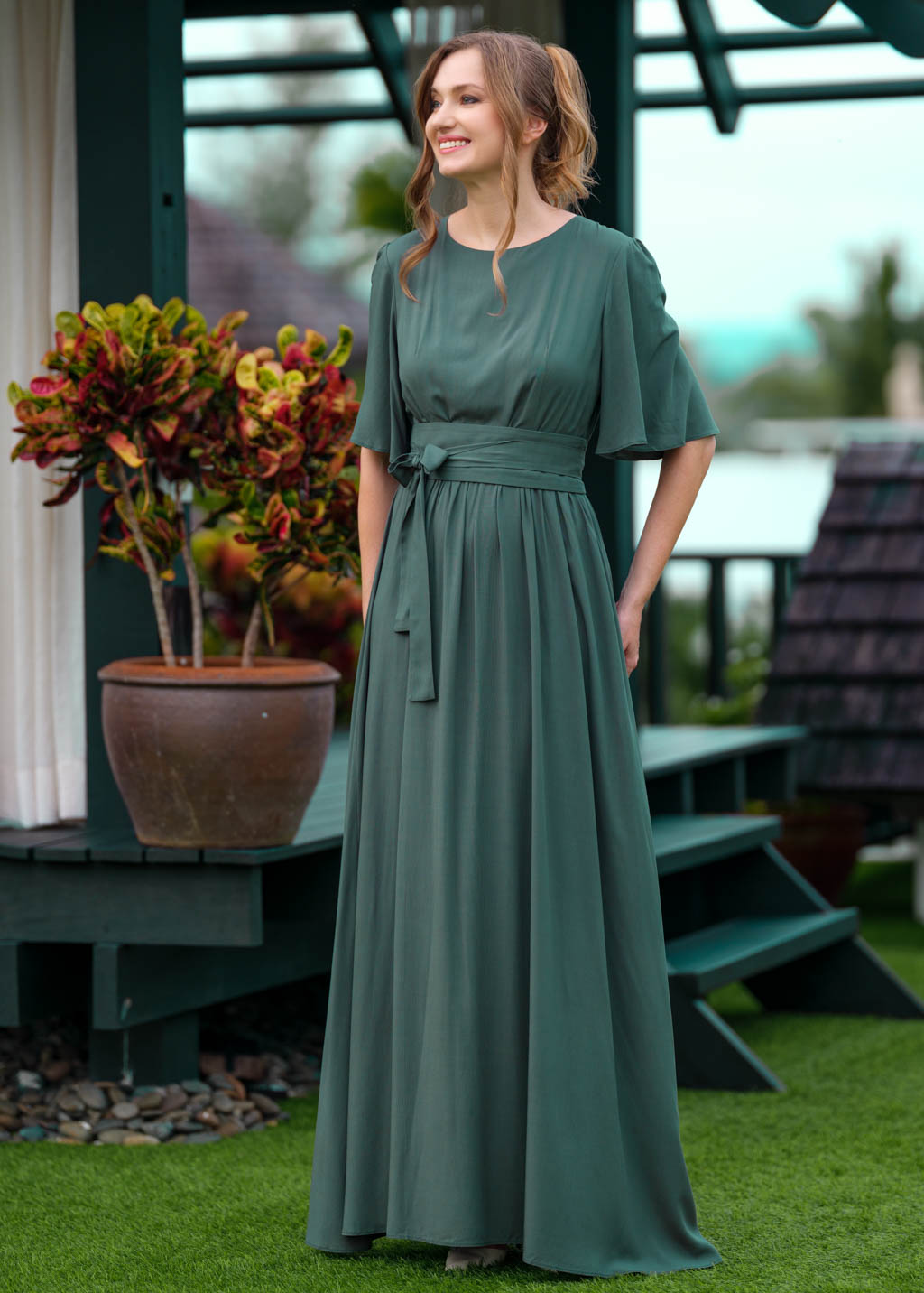 Dark green slit dress with belt