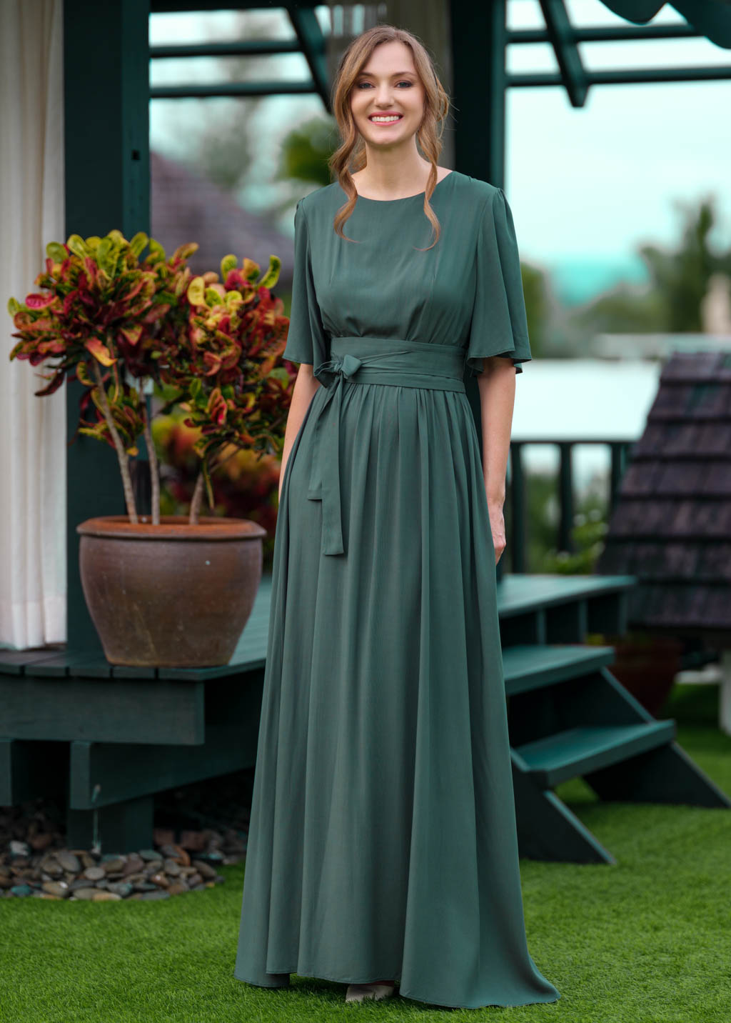 Dark green long dress with belt