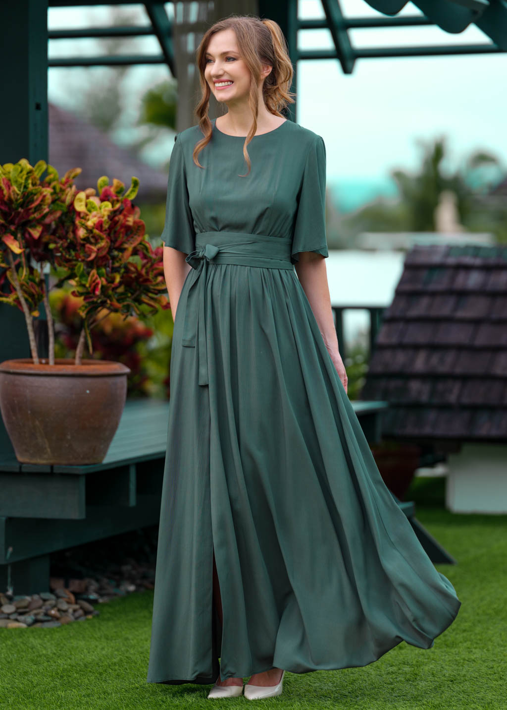 Dark green slit dress with belt