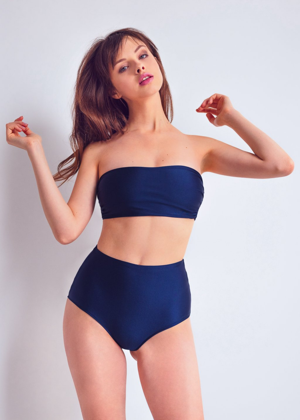 Navy Blue Bandeau Bikini Top And High Waist Bikini