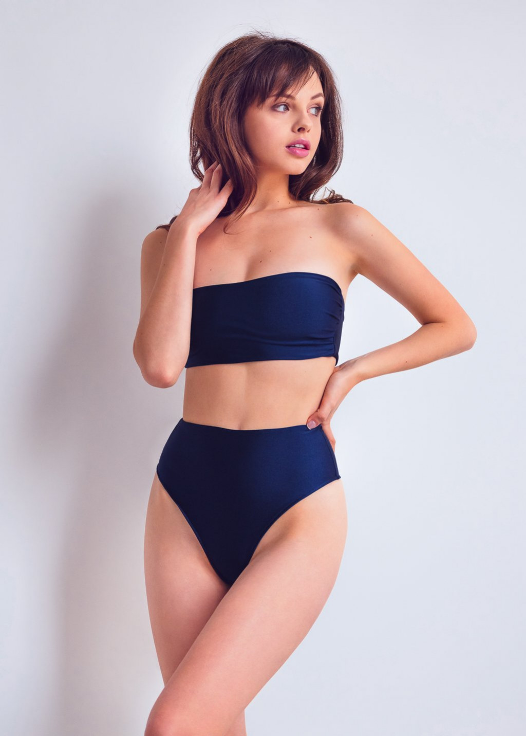 Navy Blue Bandeau Top And High-leg High Waist Bikini