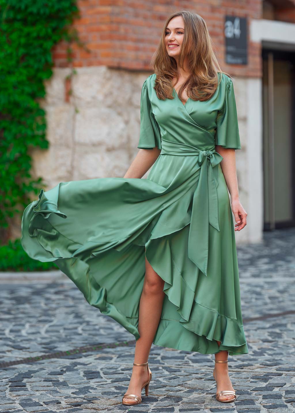 Olive green wrap silk dress