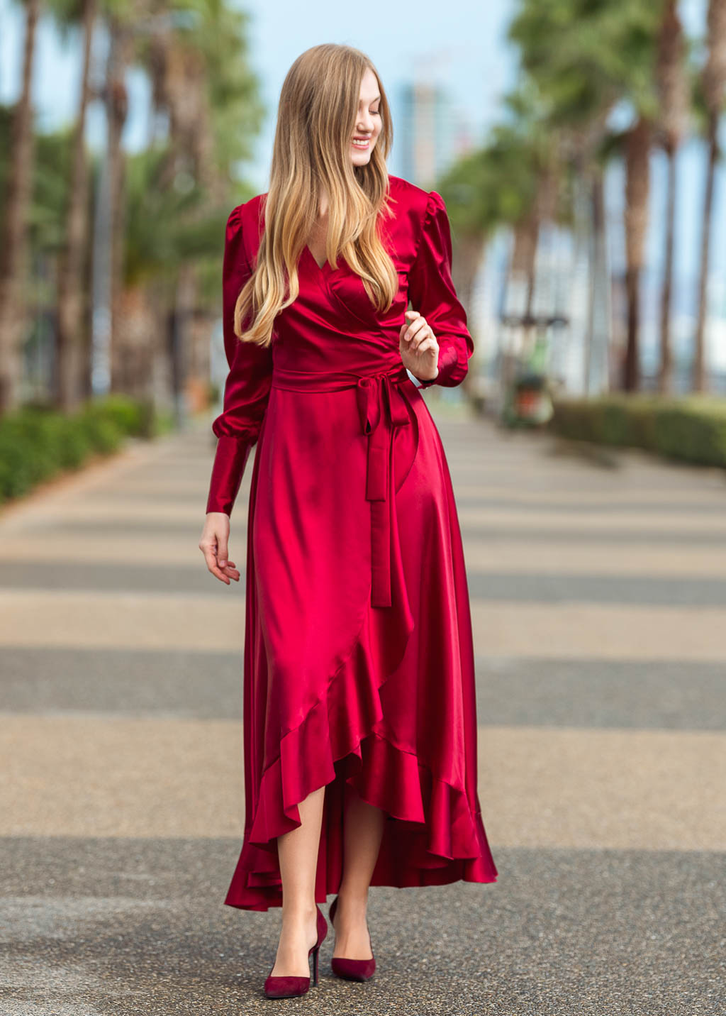 Burgundy long wrap dress