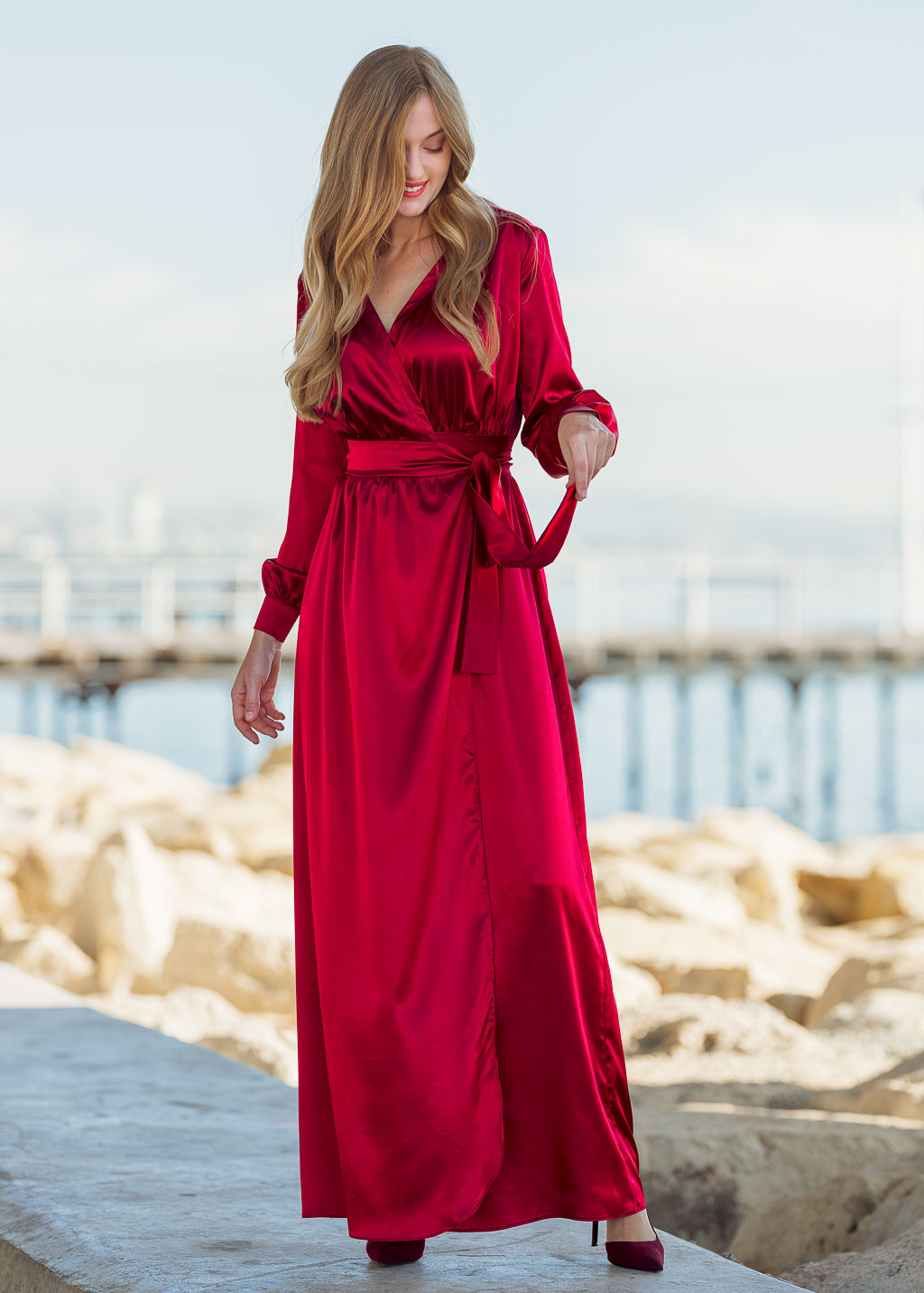 Burgundy long wrap dress