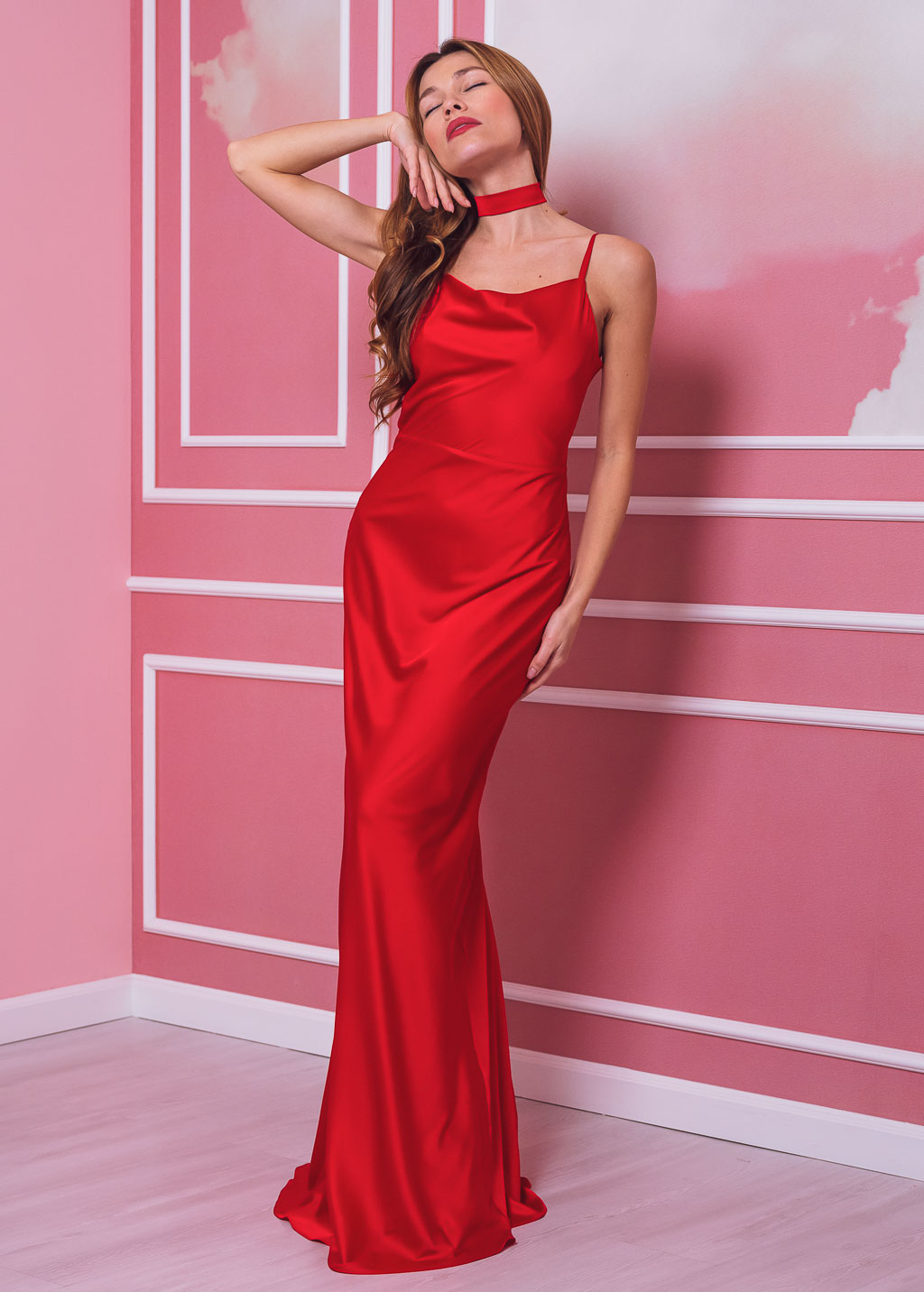Red long slip silk dress