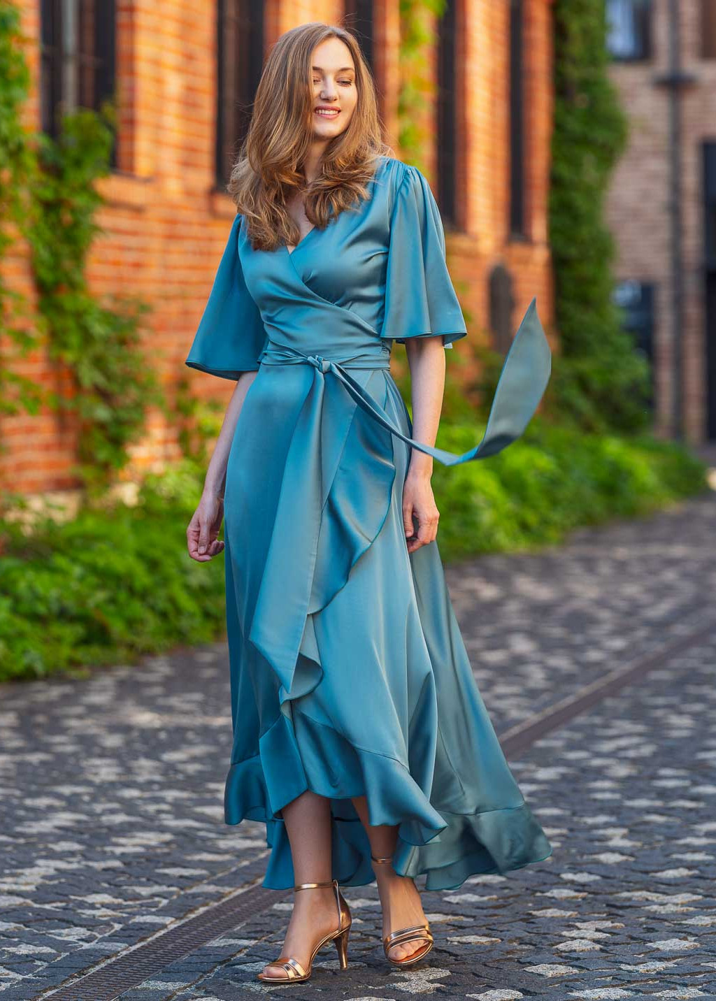 Aqua blue wrap silk dress