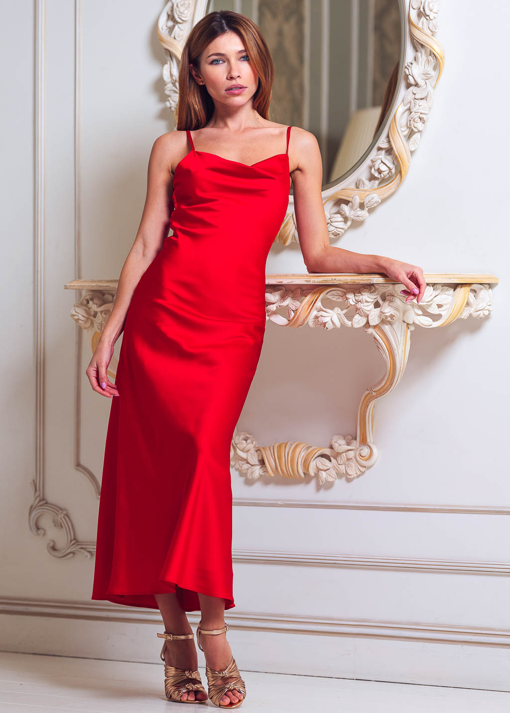 Red slip silk dress