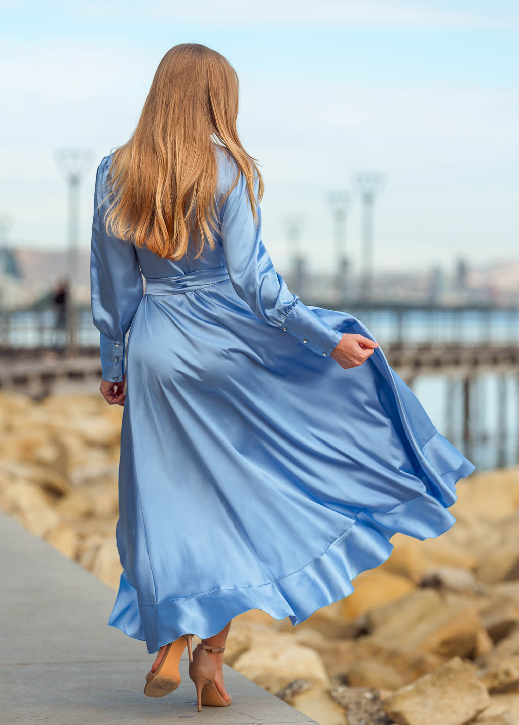 Sky blue long wrap dress