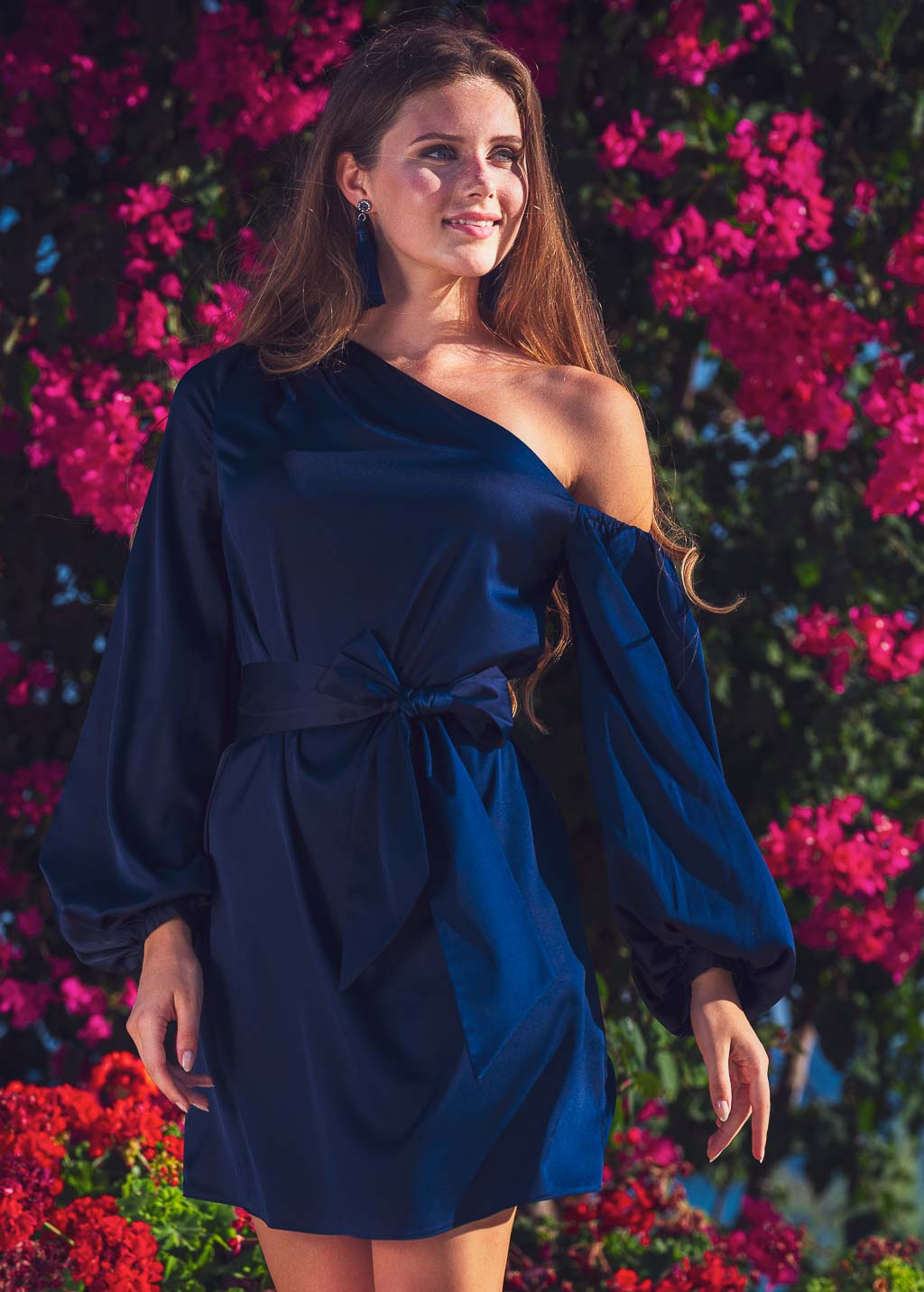 Navy blue open shoulder silk dress with belt