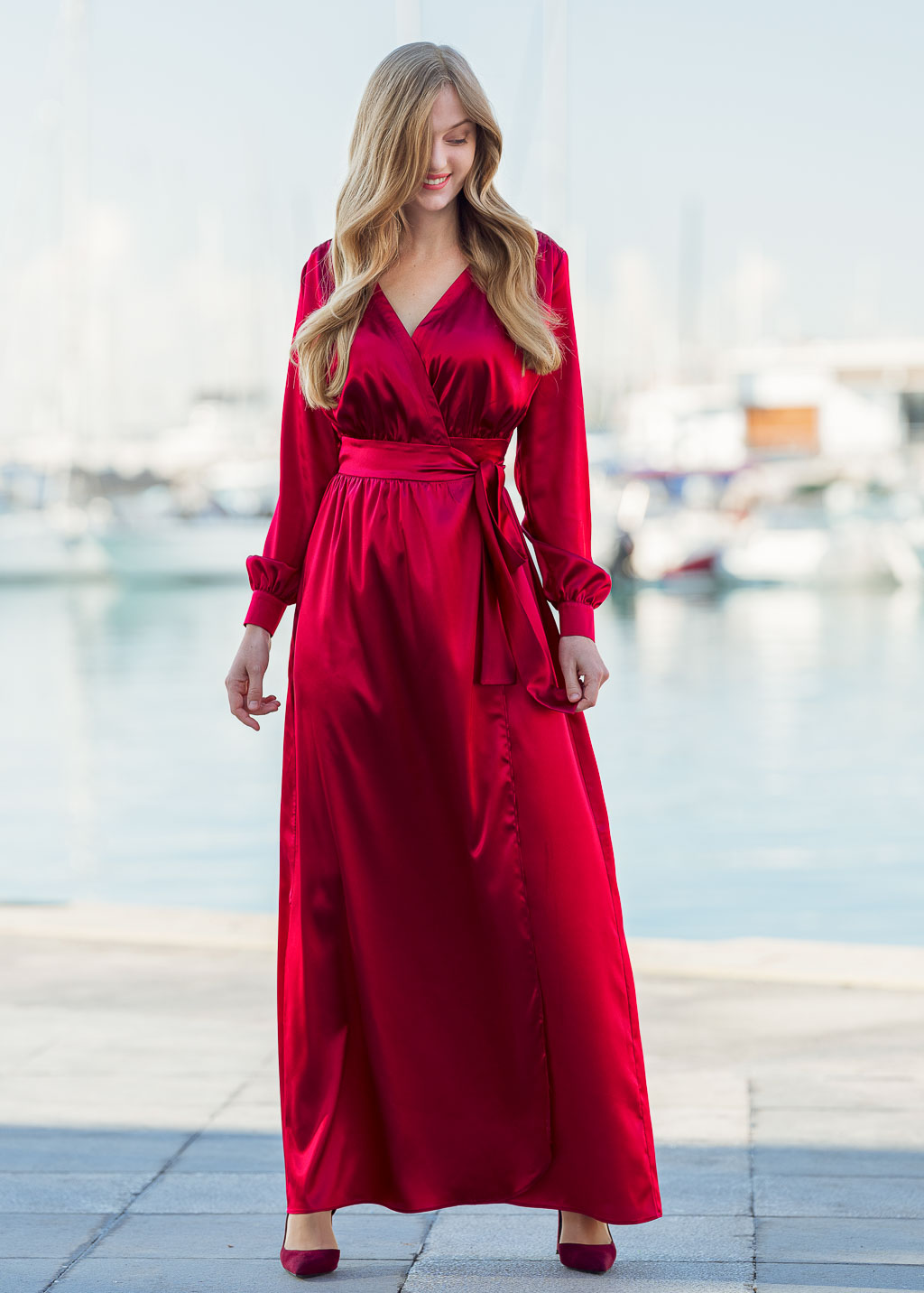 Burgundy long wrap dress