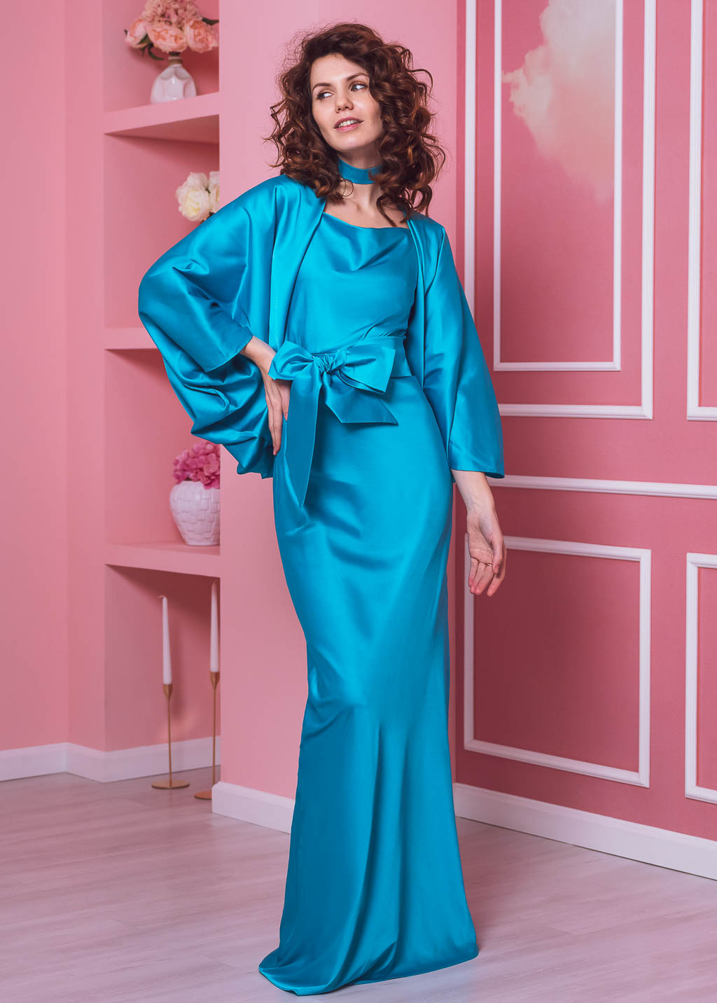 Turquoise long slip silk dress
