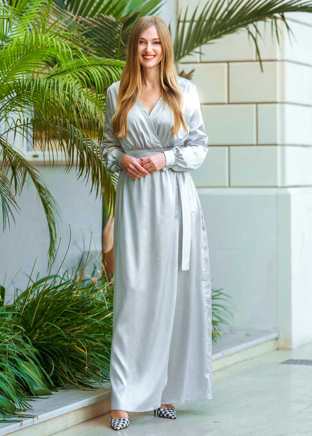 Silver grey long wrap dress