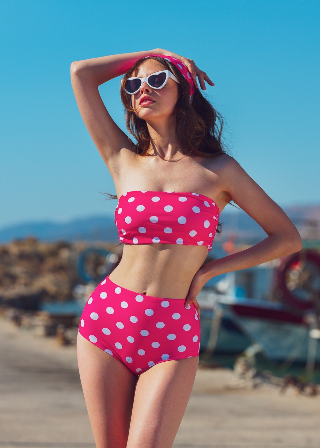 Pink polka dots high waist bikini bottom