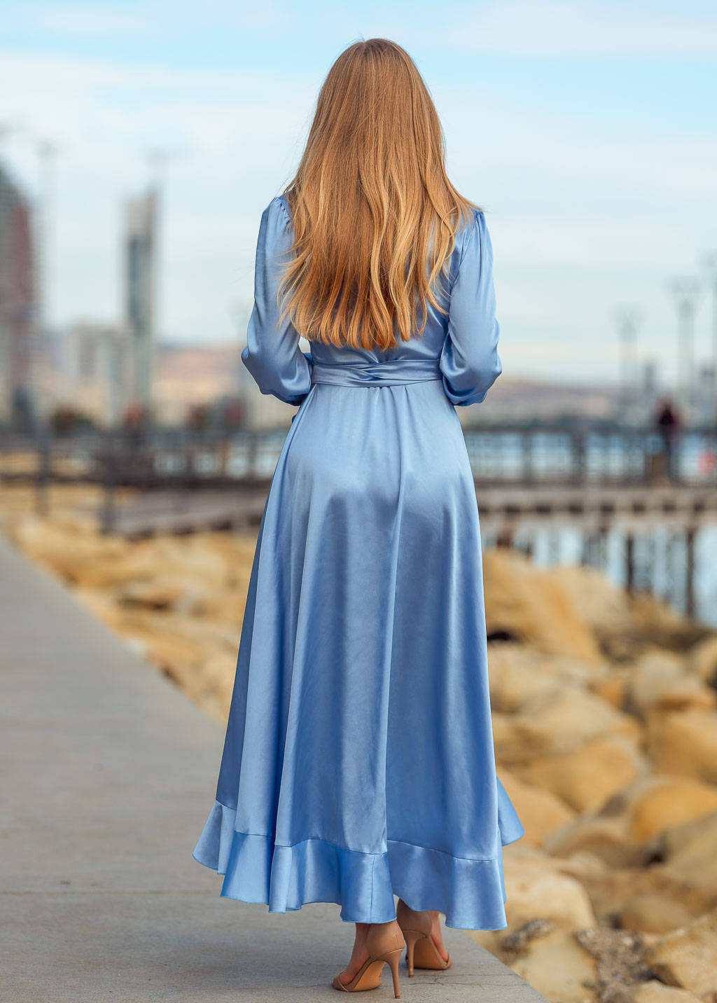 Sky blue long wrap dress