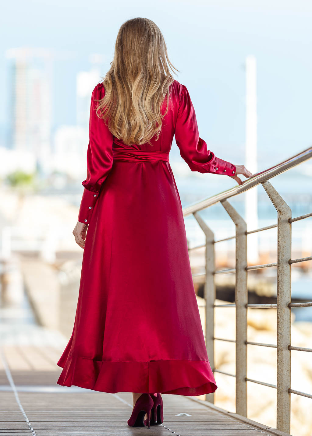 Burgundy long wrap dress