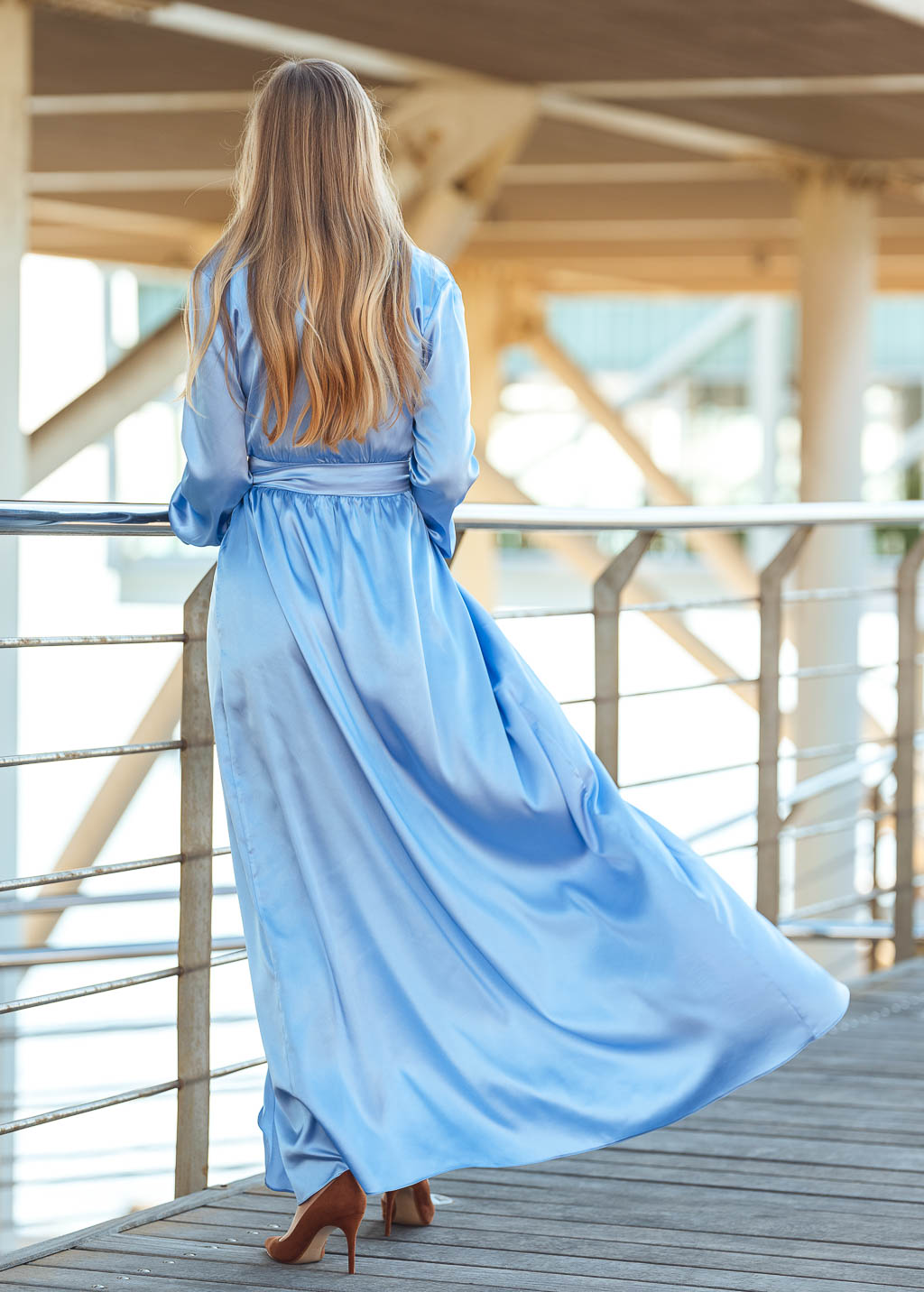 Sky blue long wrap dress