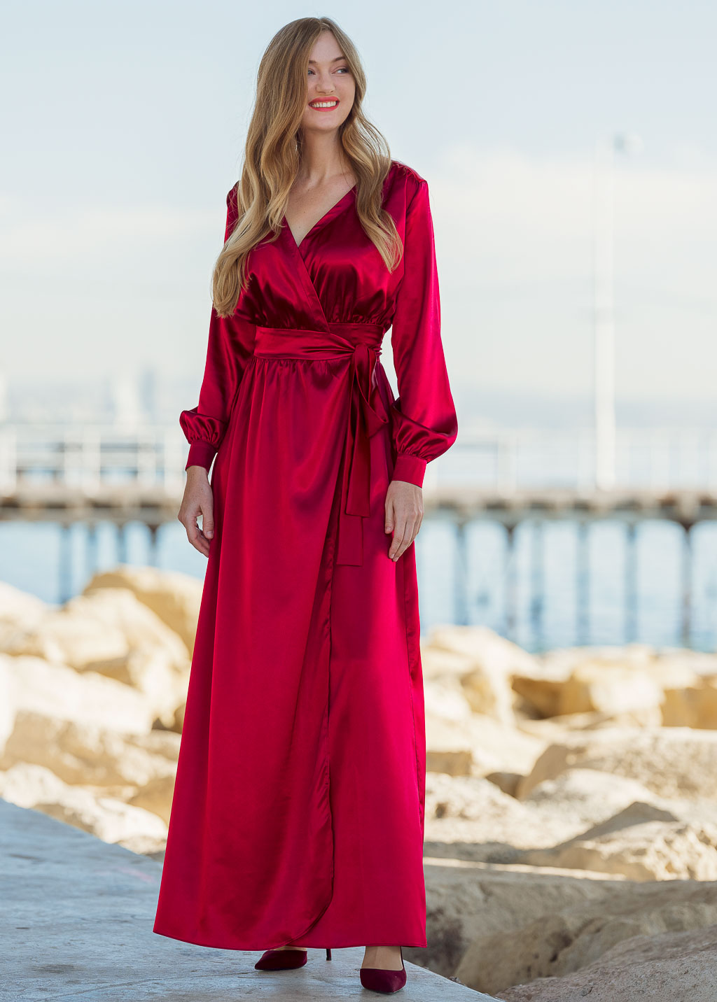 Burgundy long wrap dress