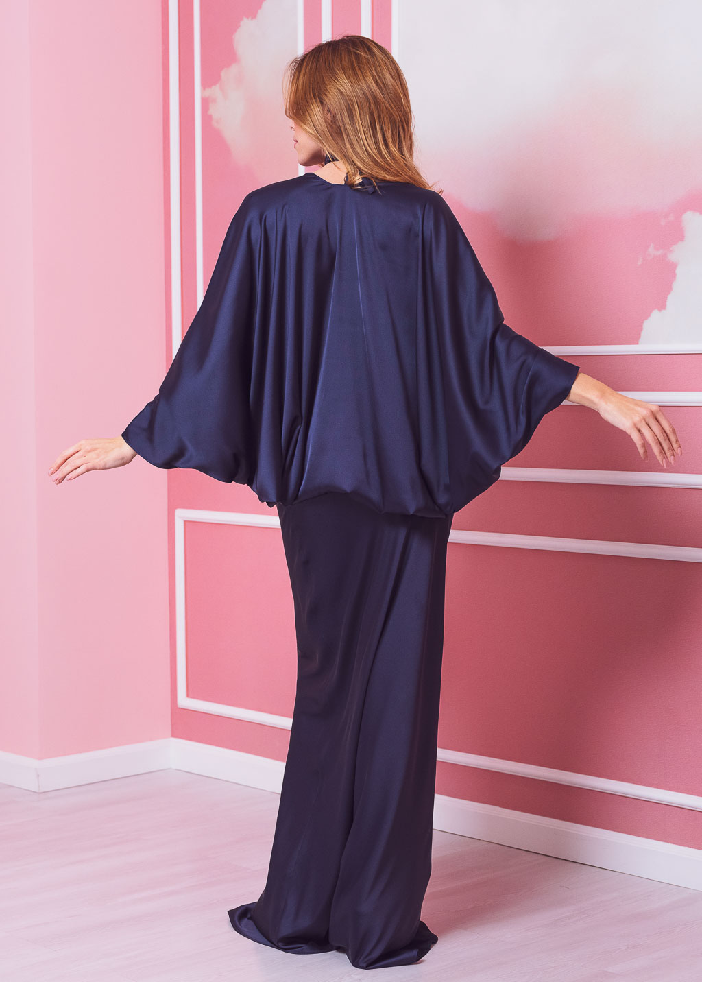 Navy blue long slip silk dress