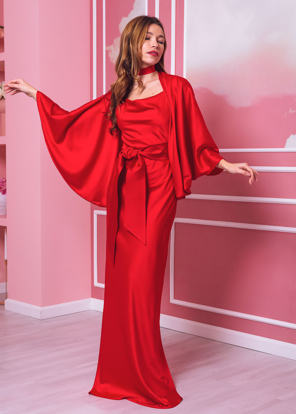 Red long slip silk dress