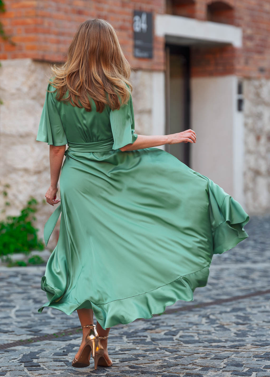 Olive green wrap silk dress