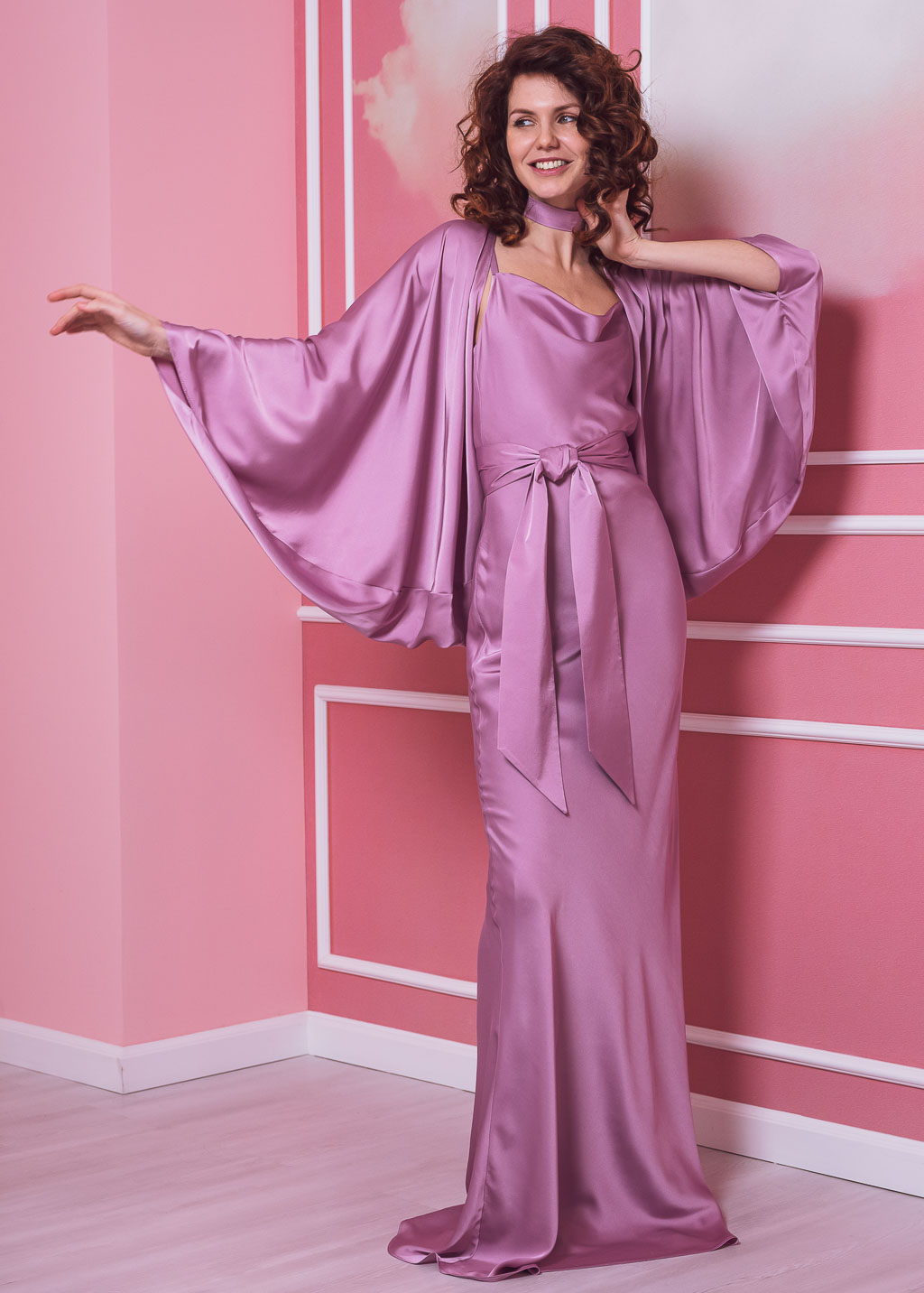 Rose pink long slip silk dress