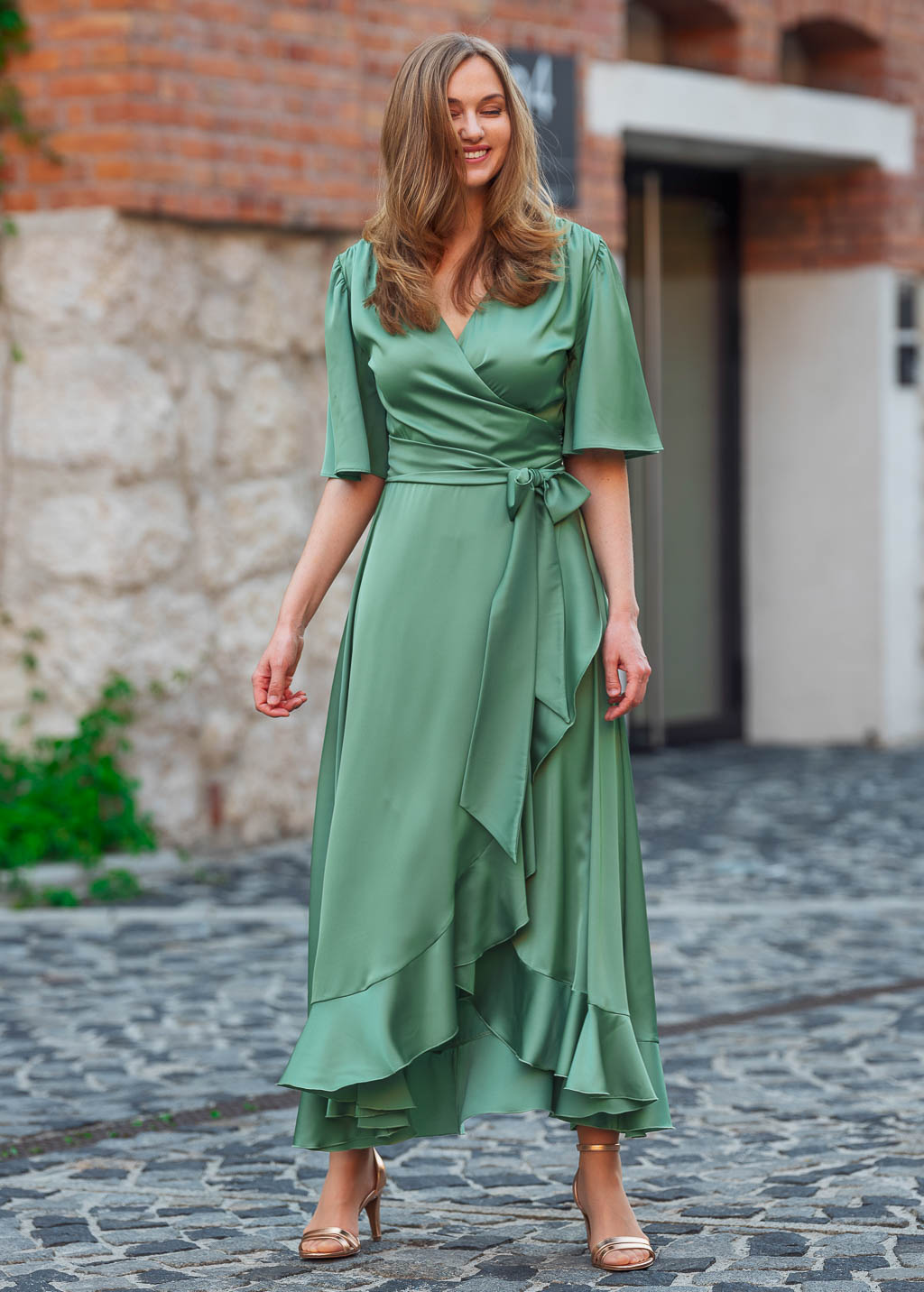Olive green wrap silk dress